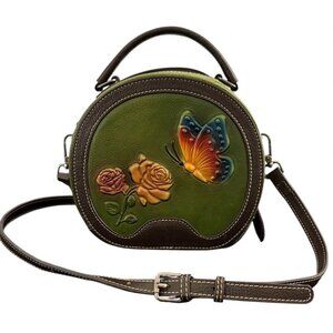 Leather Round Crossbody Butterfly Floral Design Adjustable Shoulder Strap